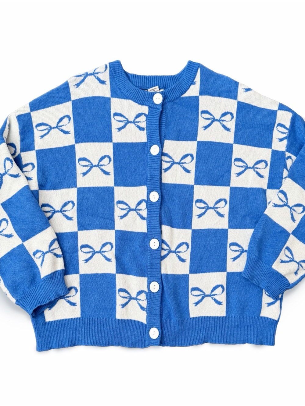 SINCERELY JULES Blue and White Check Print Bow Cardigan